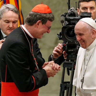 Der Kölner Kardinal Rainer Woelki (links) bei einer Begegnung mit Papst Franziskus 2019 in der Audienzhalle des Vatikans