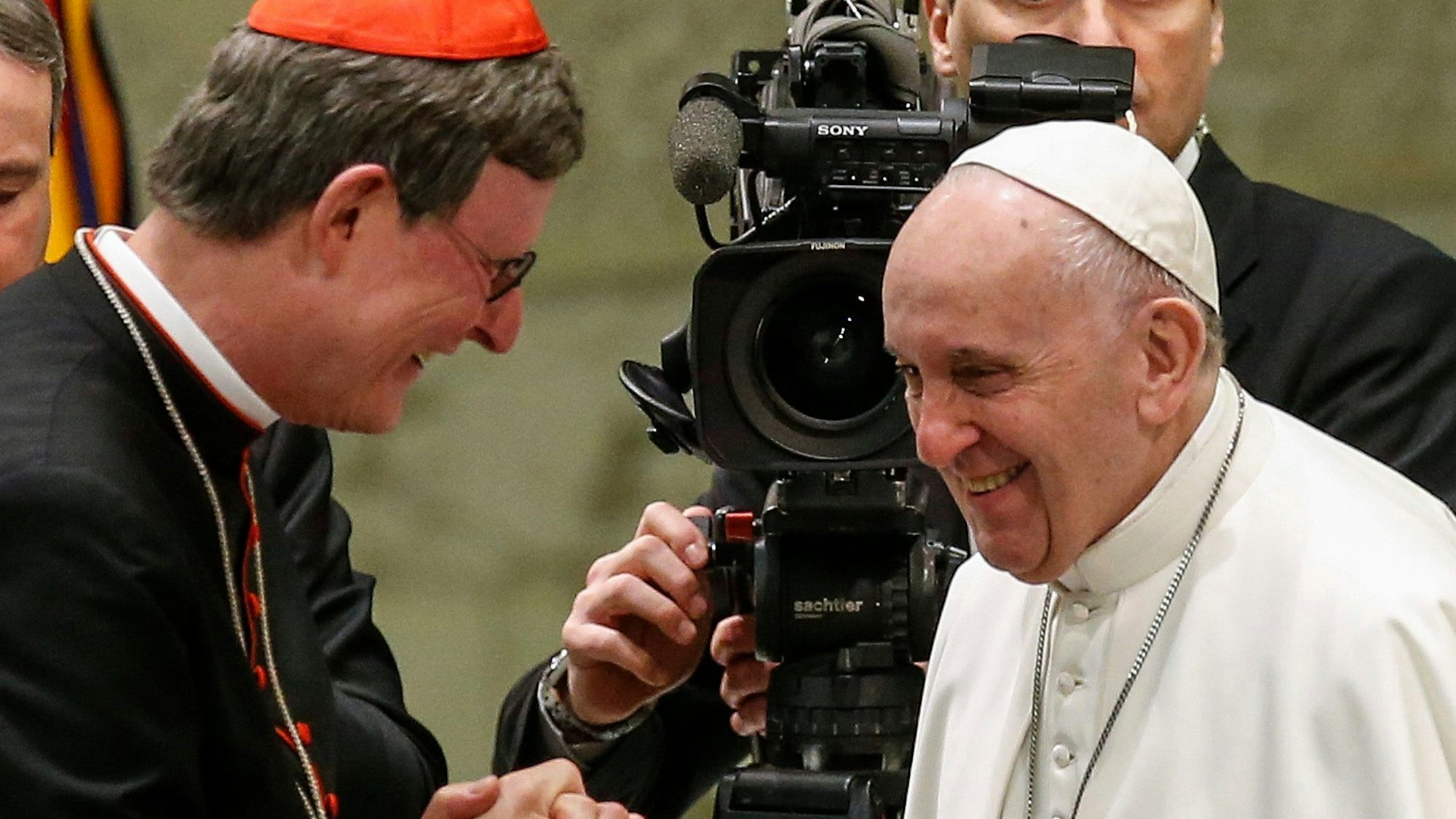 Der Kölner Kardinal Rainer Woelki (links) bei einer Begegnung mit Papst Franziskus 2019 in der Audienzhalle des Vatikans