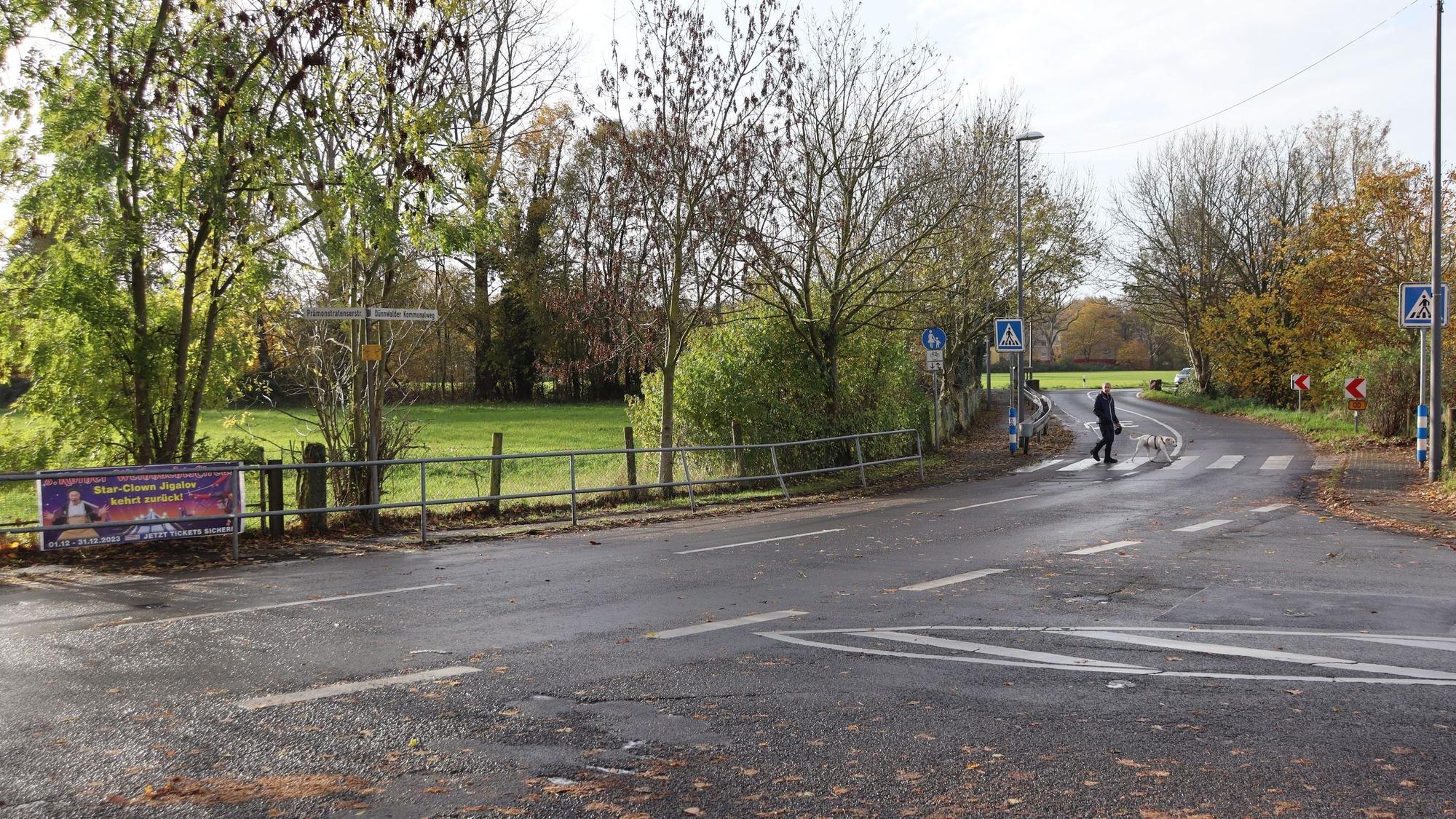 Die Einmündung auf eine von Wiesen gesäumte Straße ist zu sehen.