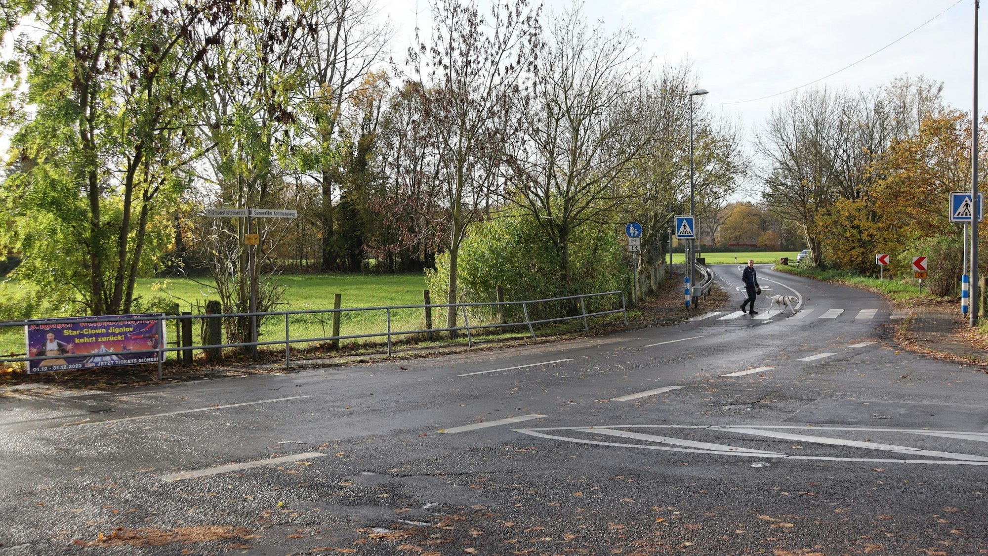 Die Einmündung auf eine von Wiesen gesäumte Straße ist zu sehen.