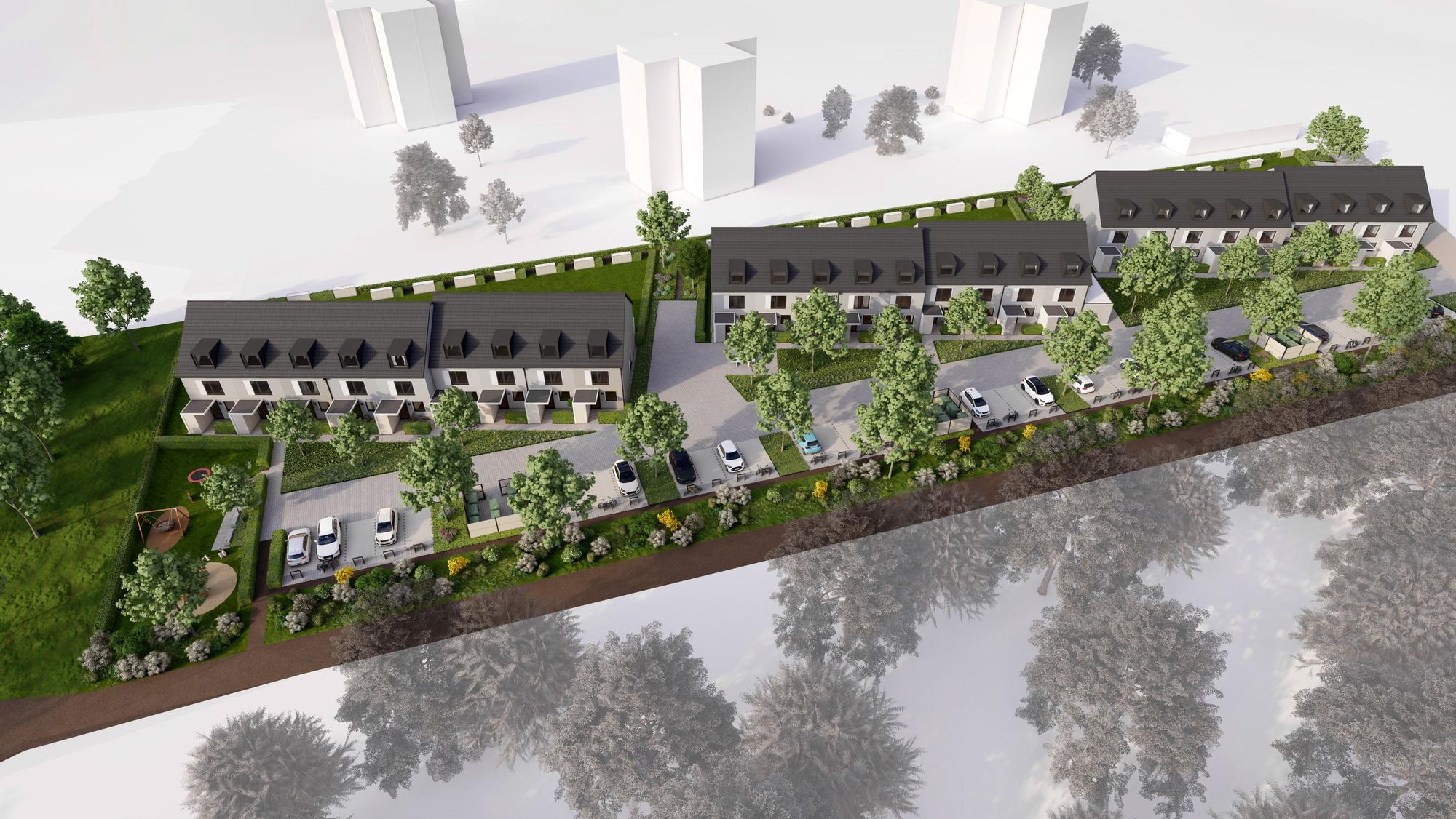 Diese Visualisierung der „Deutschen Reihenhaus AG“ zeigt, wie der Wohnpark in Rheindorf fertig aussehen soll.