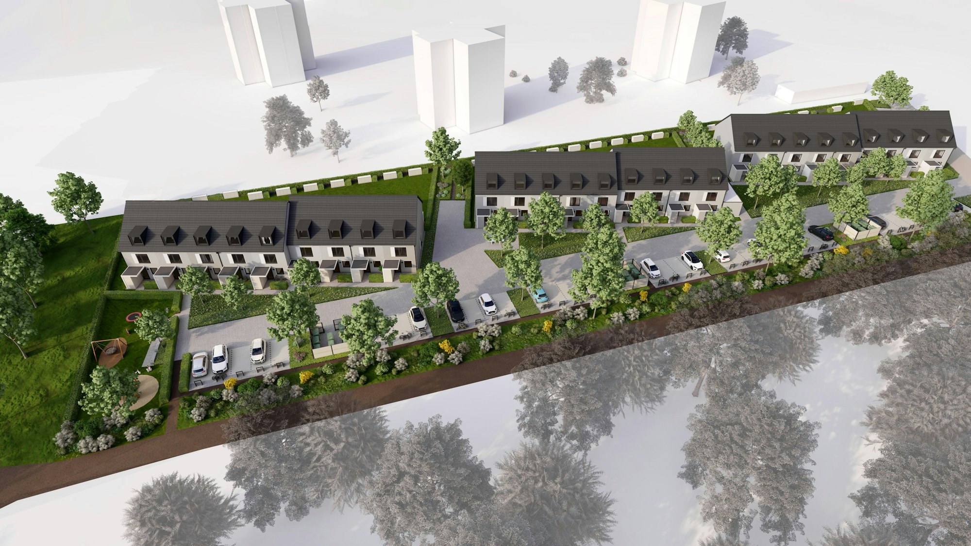 Diese Visualisierung der „Deutschen Reihenhaus AG“ zeigt, wie der Wohnpark in Rheindorf fertig aussehen soll.