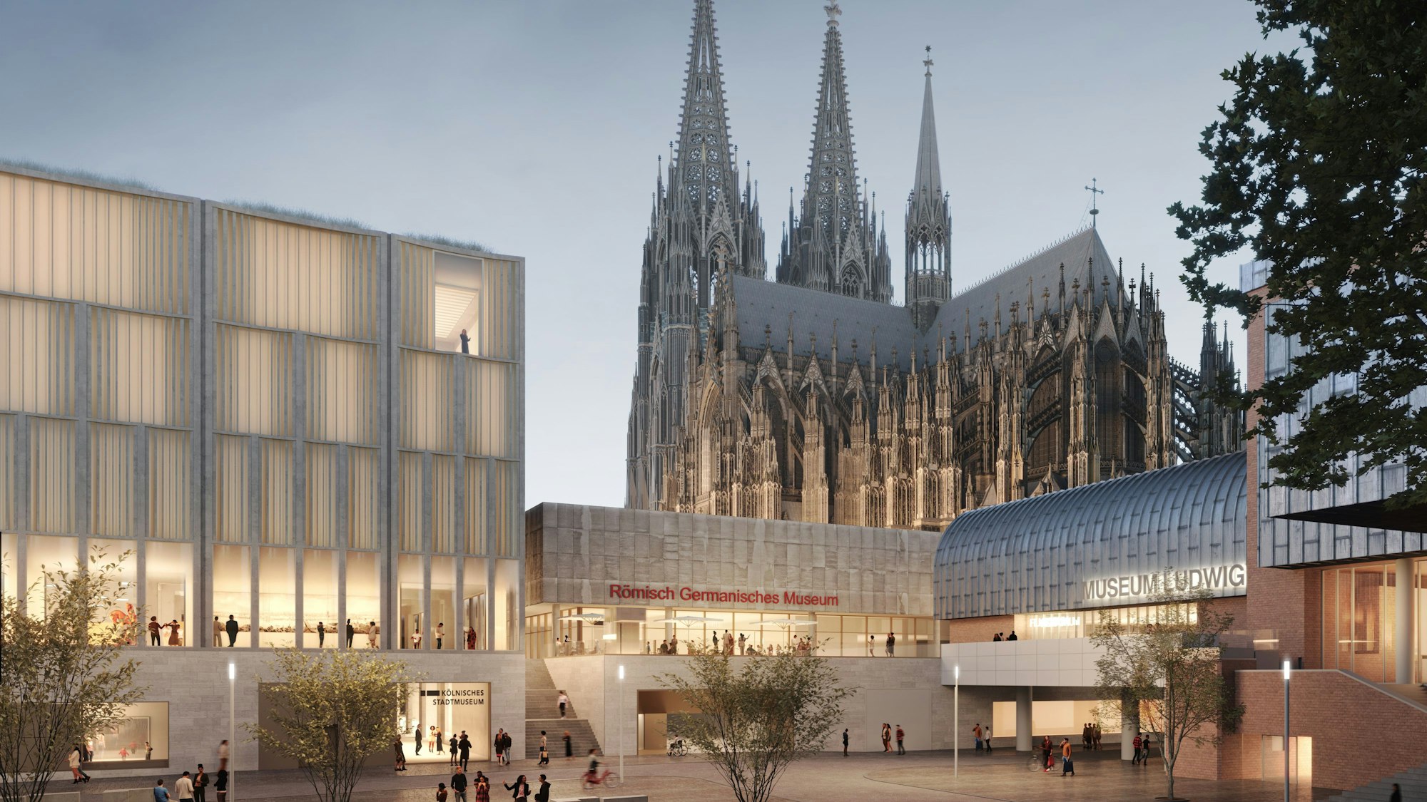 Visualisierung der Historischen Mitte vom Kurt-Hackenberg-Platz aus gesehen: An das Römisch-Germanische Museum schließt sich der mehrgeschossige Neubau des Stadtmuseums an.