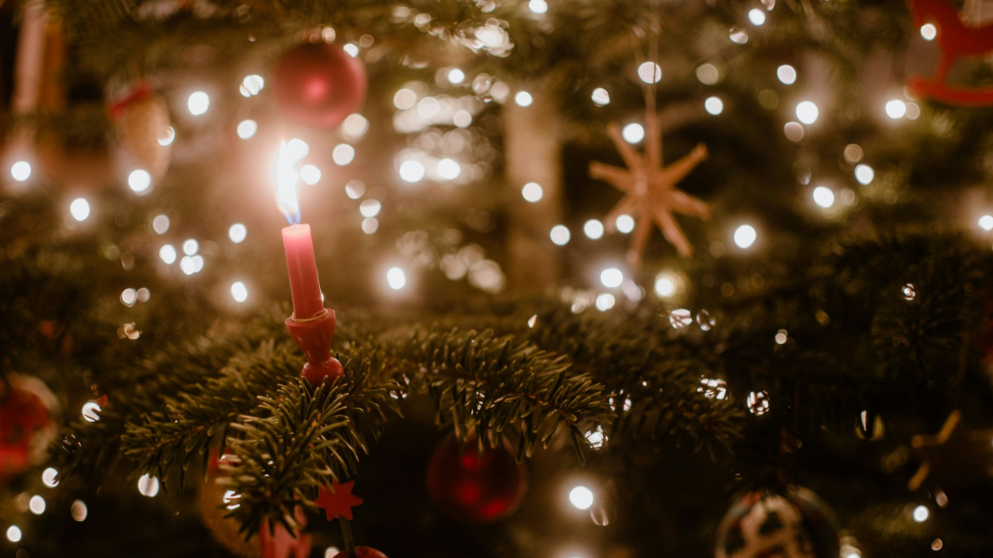 Nahaufnahme einer Kerze an einem Weihnachtsbaum, der mit einer Lichterkette geschmückt ist