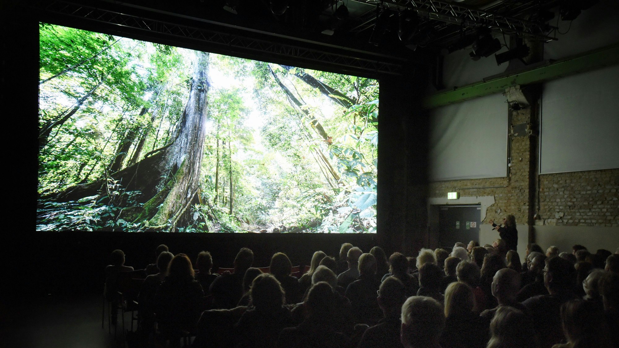 Michael Martin steht vor einer Leinwand, auf die ein Bild von einem Baum projiziert ist, im Vordergrund sitzen Menschen und schauen zu.