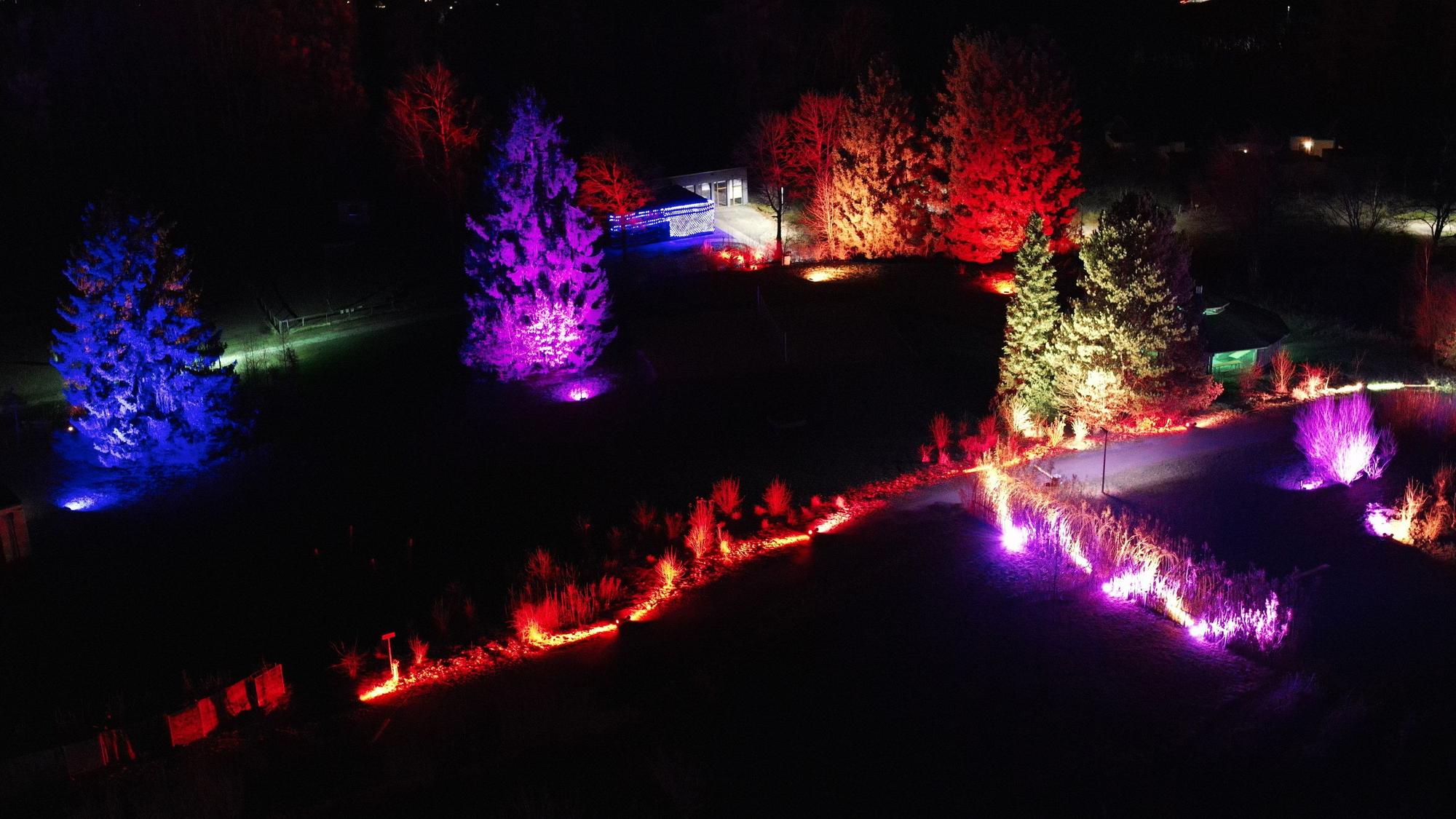 Spektakulär ist der Ausblick vom 34 Meter hohen Aussichtsplateau des Panarbora-Turms in Waldbröl beim Winterleuchten, wie hier zur Premiere im Jahr 2021.