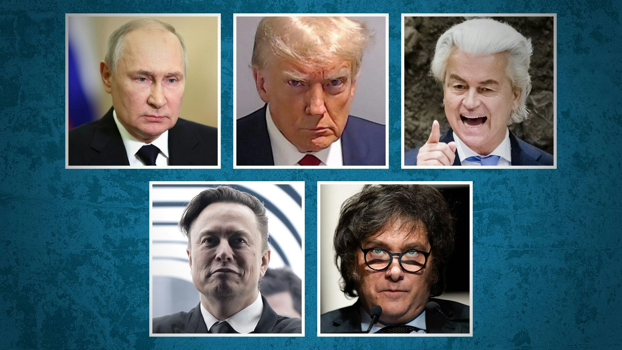 Hitler-Vergleiche als Gemeinsamkeit: Wladimir Putin, Donald Trump, Geert Wilders, Elon Musk und Javier Milei (v. l. n. r.)