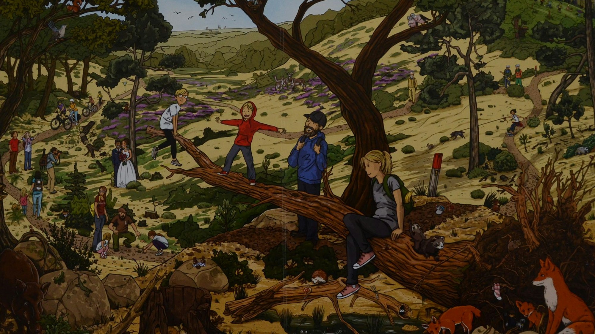 Eine hügelige Landschaft mit Bäumen, Spaziergängern und Tieren: Rechts sitzt ein Fuchs mit Jungtieren, links ein Wildschwein. Im Hintergrund blüht violett das Heidekraut.