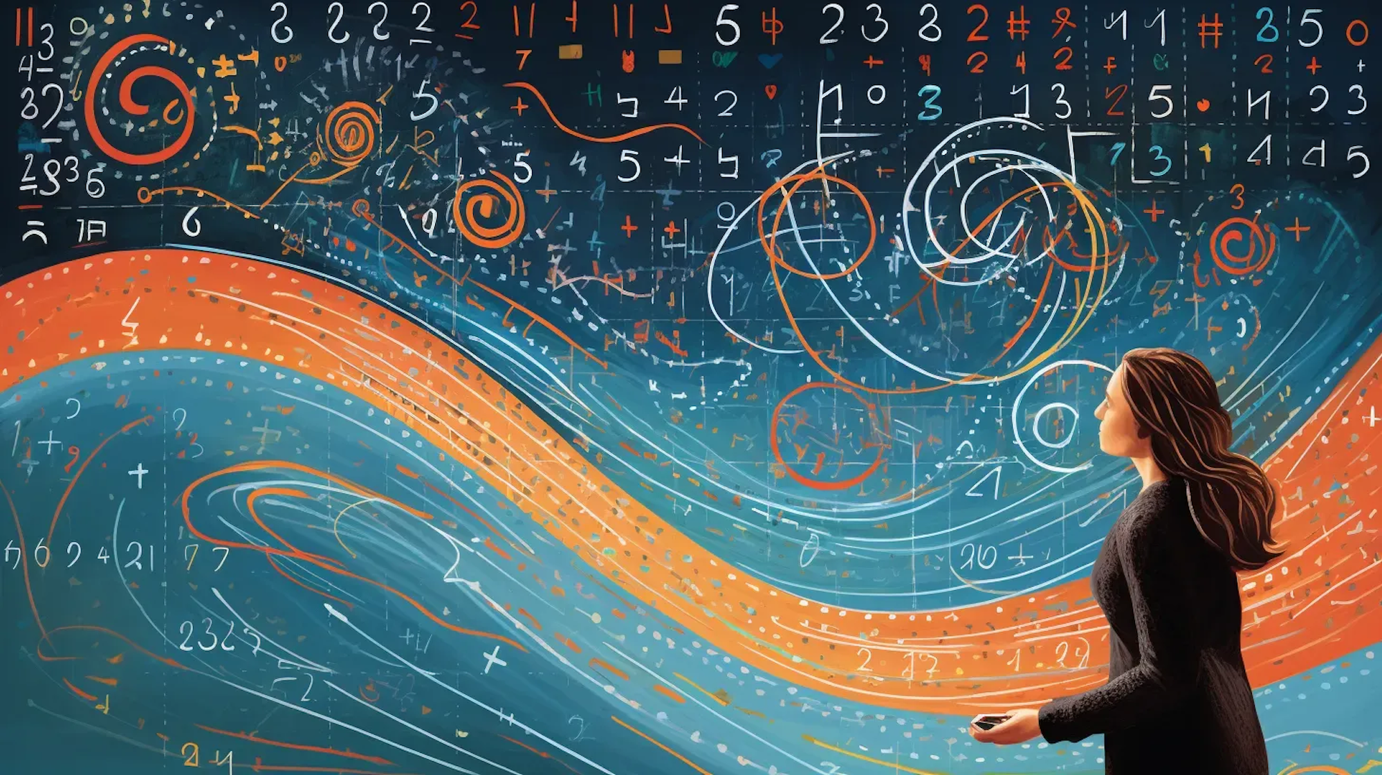 Illustration: Mathematikerin vor einer Tafel