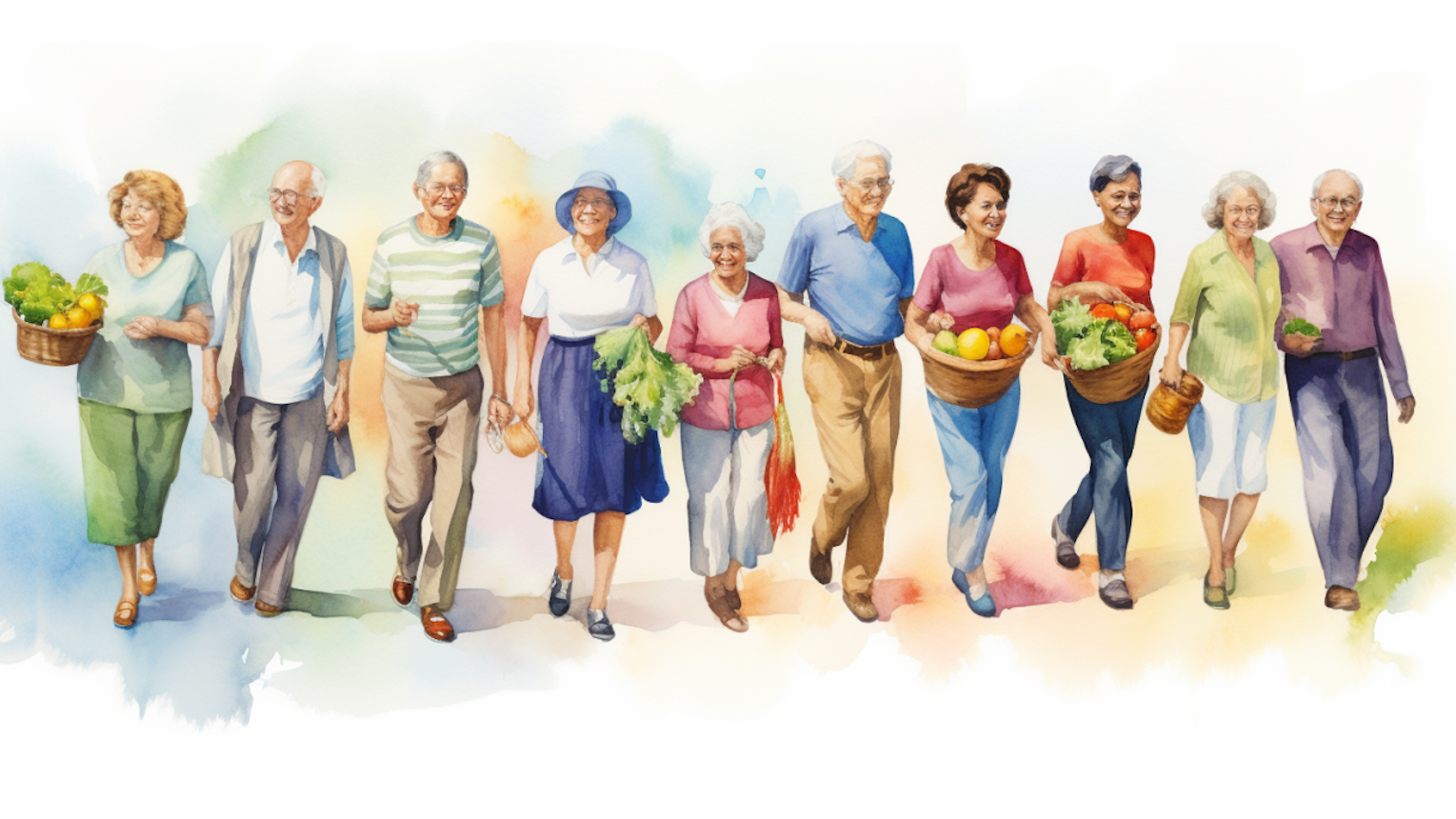 Illustration: Ältere Menschen mit Gemüsekörben.