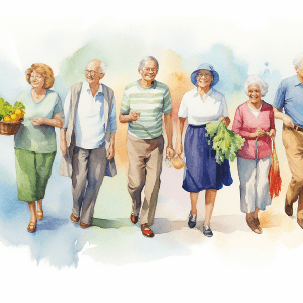 Illustration: Ältere Menschen mit Gemüsekörben.