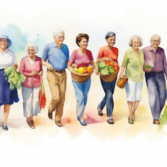 Illustration: Ältere Menschen mit Gemüsekörben.