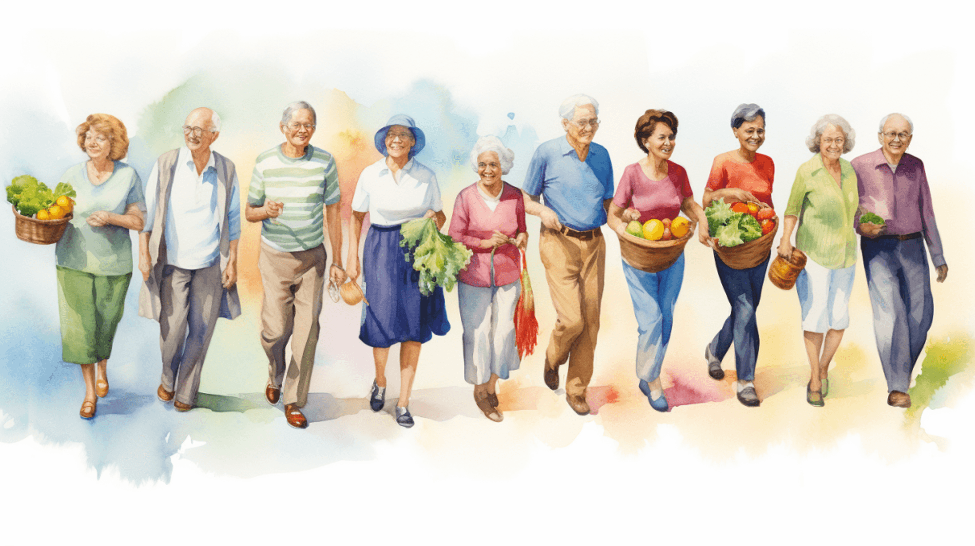 Illustration: Ältere Menschen mit Gemüsekörben.