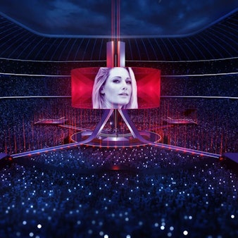 Visualisierung einer Bühne im Innenraum eines Stadions.