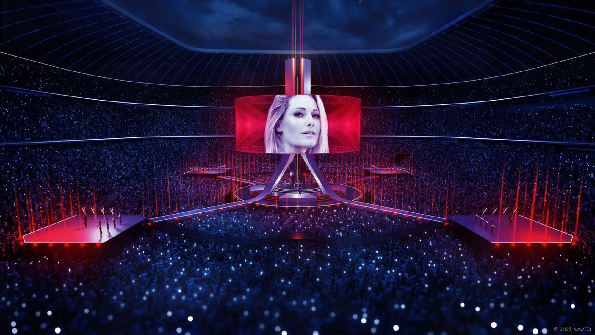 Visualisierung einer Bühne im Innenraum eines Stadions.