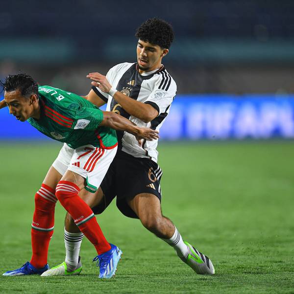 RECORD DATE NOT STATED FIFA U-17 World Cup Indonesia 2023 Mexico vs Germnay L-R, Brandon Lomeli of Mexico and. Fayssal Harchaoui of Germany during the game Mexico vs Germany, corresponding to Group F of the FIFA U-17 World Cup Indonesia 2023, at Si Jalak Harupat Stadium, on November 12, 2023. brbr I-D, Brandon Lomeli de Mexico y. Fayssal Harchaoui de Alemania durante el partido Mexico vs Alemania, correspondiente al Grupo F de la Copa Mundial de la FIFA Sub-17 Indonesia 2023, en el Estadio Si Jalak Harupat Stadium, el 12 de Noviembre de 2023. BANDUNG INDONESIA INDONESIA PUBLICATIONxNOTxINxMEXxCHNxRUS Copyright: xAdrianxMaciasx 20231112060647_FWC_U17_GF_MEX_GER_LOMELI21
