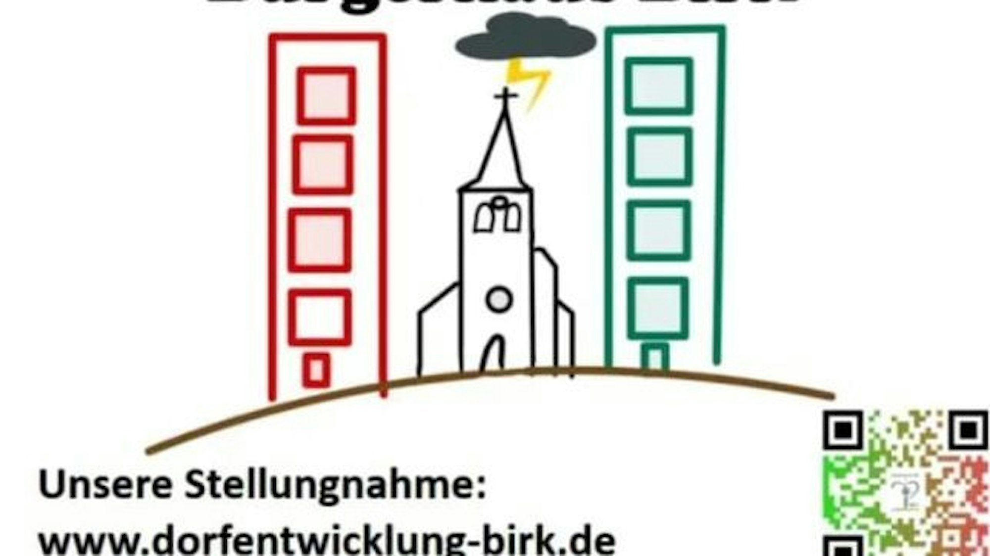 Die Zeichnung zeigt einen Kirchturm flankiert von Hochhäusern.