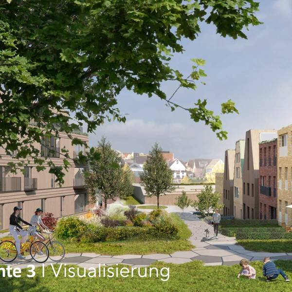 Visualisierung mit Häusern und Grünanlagen