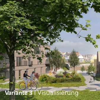 Visualisierung mit Häusern und Grünanlagen