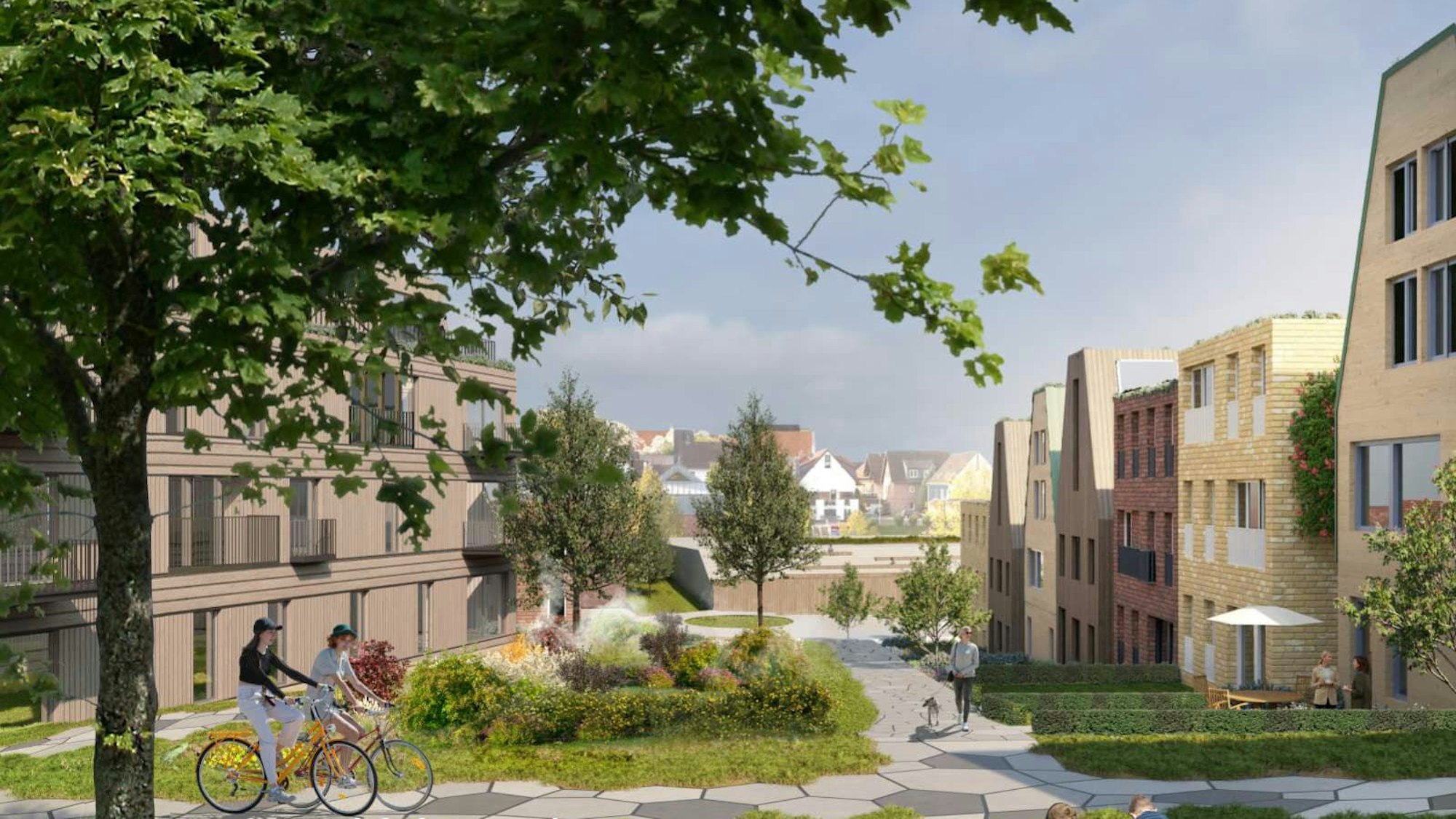 Die Visualisierung zeigt den Blick von der Kirche in Lohmar-Birk in Richtung Bürgerhaus.