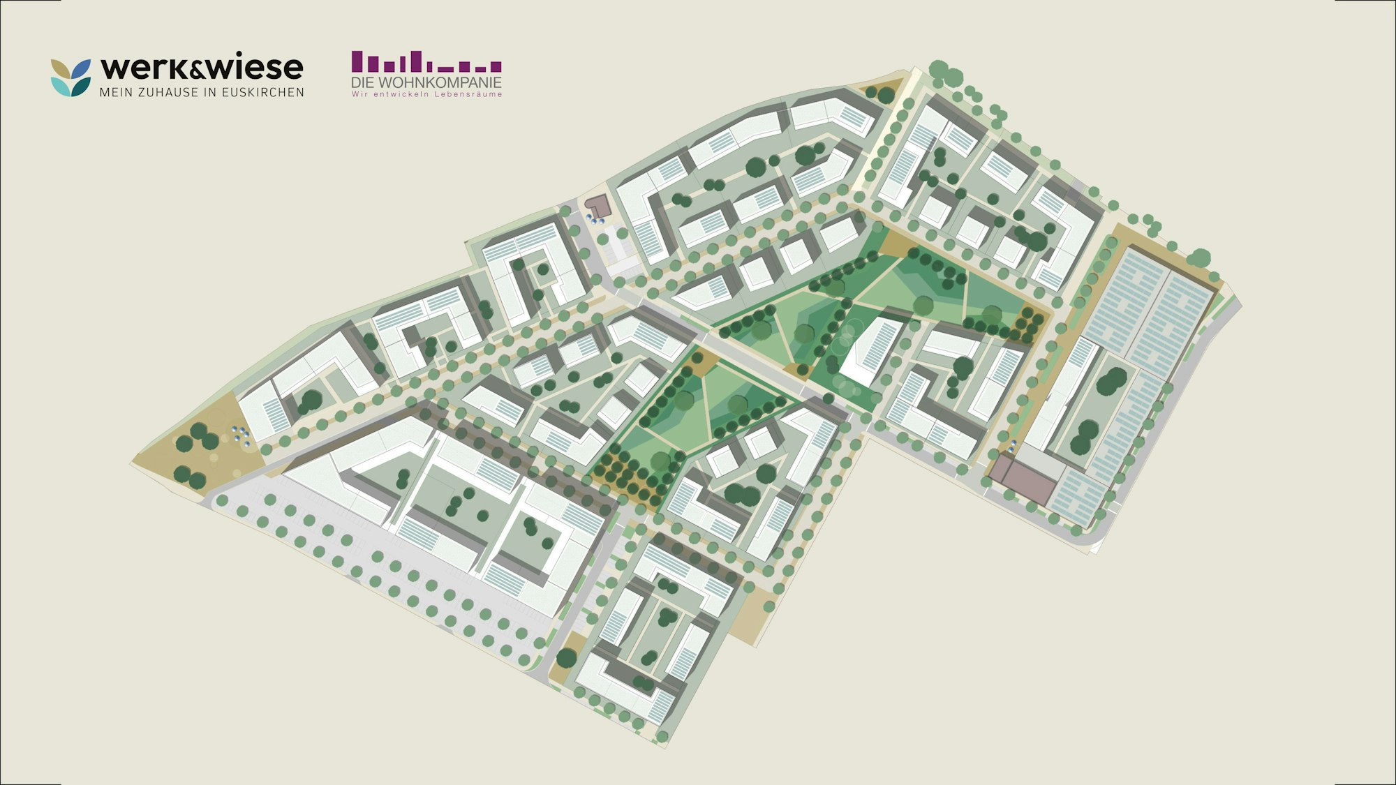 Das Bild zeigt eine Visualisierung des Wohn- und Arbeitsquartier auf dem Areal der Steinzeugwerke. In der Mitte ist ein großer Park vorgesehen.