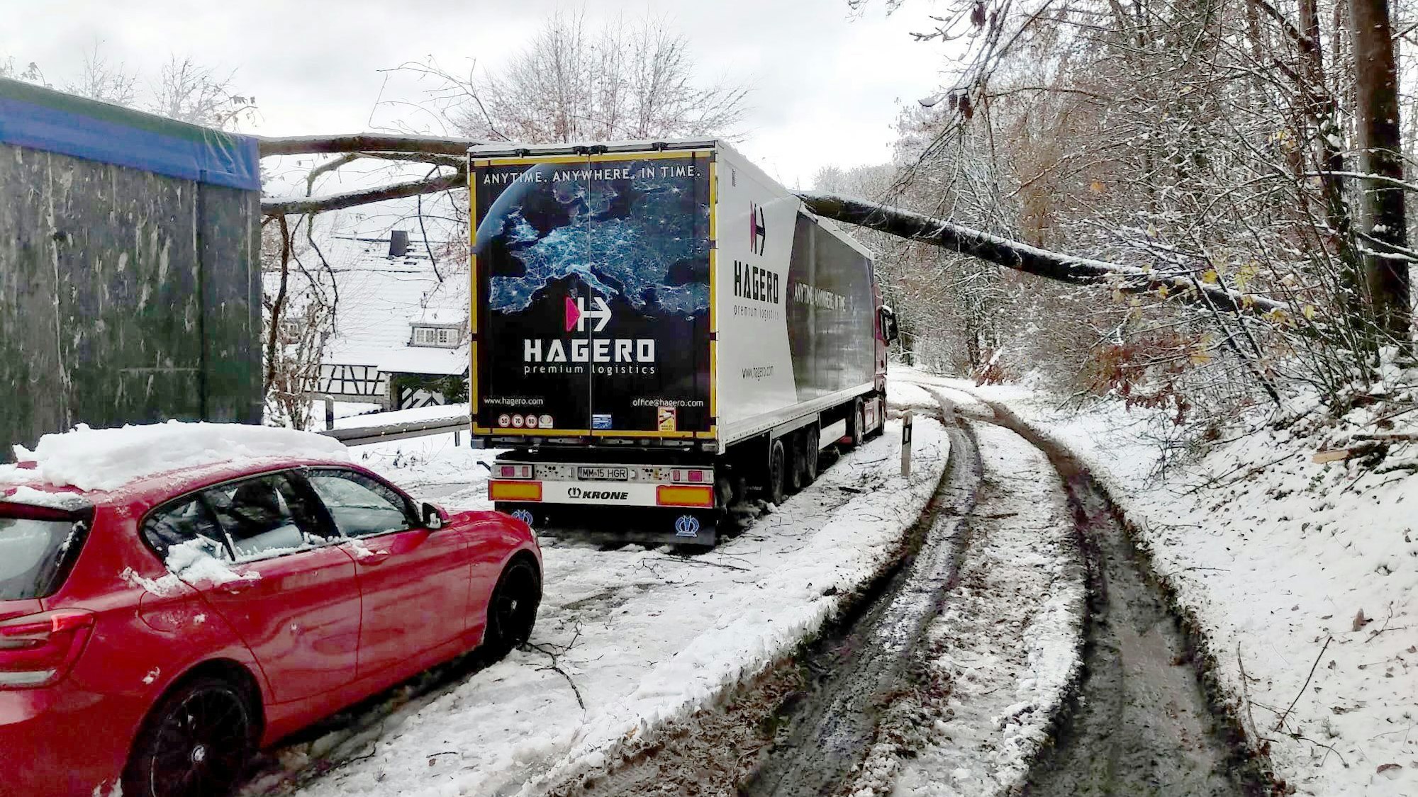 Eltville: Auf einem Lkw, der bei schneeglatter Straße auf der B260 bei Eltville-Martinsthal im Rheingau-Taunus-Kreis stehengeblieben ist, liegt am Dienstag (28. November) ein umgestürzter Baum.