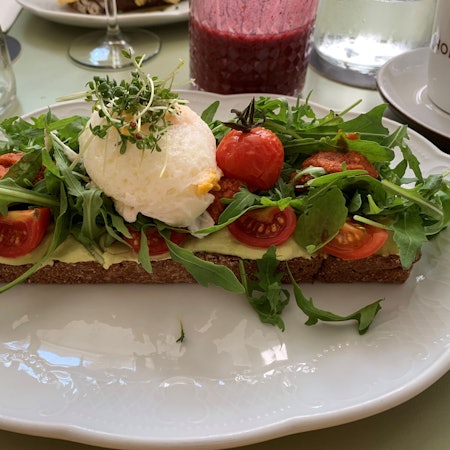 Auf einem weißen Teller liegt ein belegtes Brot mit Avocado-Creme, Tomate, Rucola, Mozzarella-Kugel und Kresse-Sprossen.