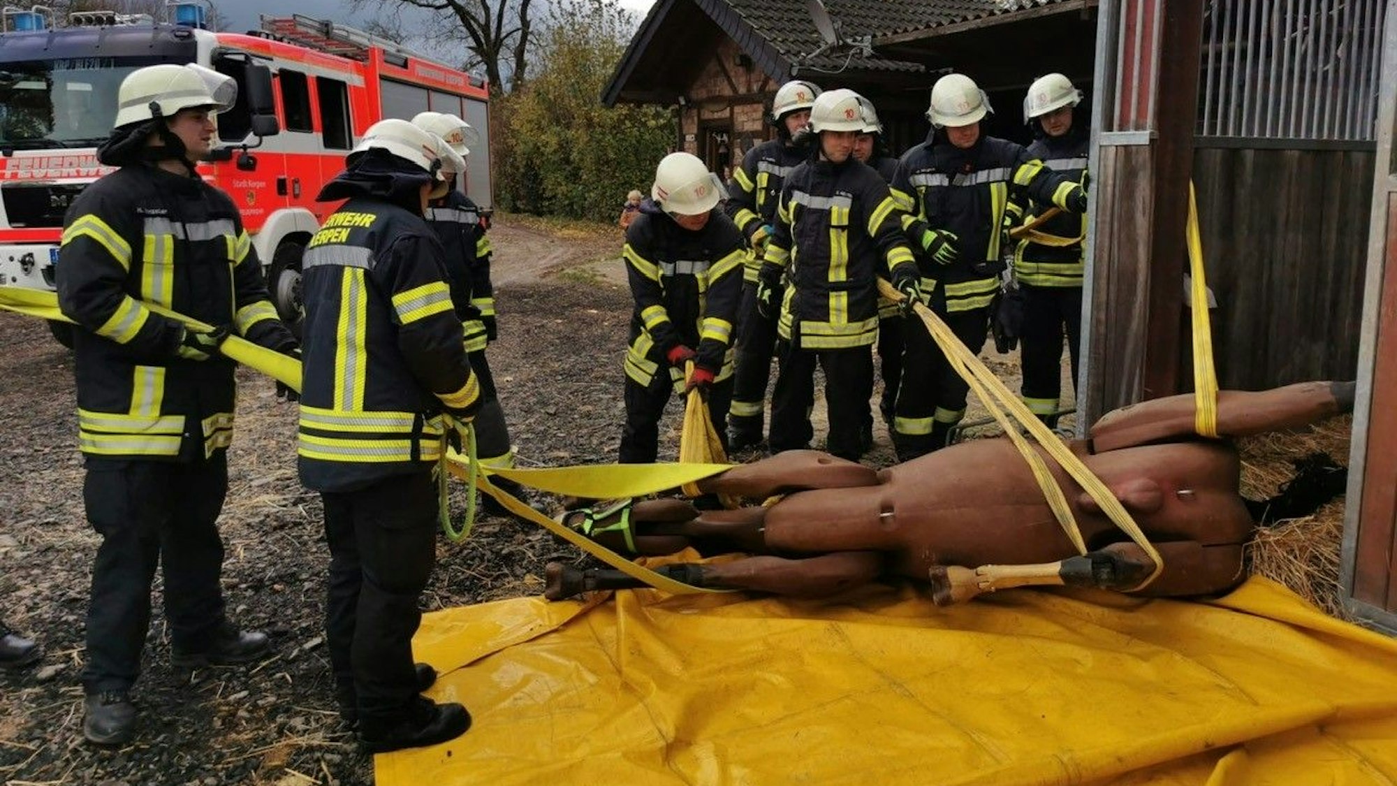 Auf dem Foto sind Feuerwehrleute zu sehen, die ein künstliches Pferd mit Schlingen sichern.