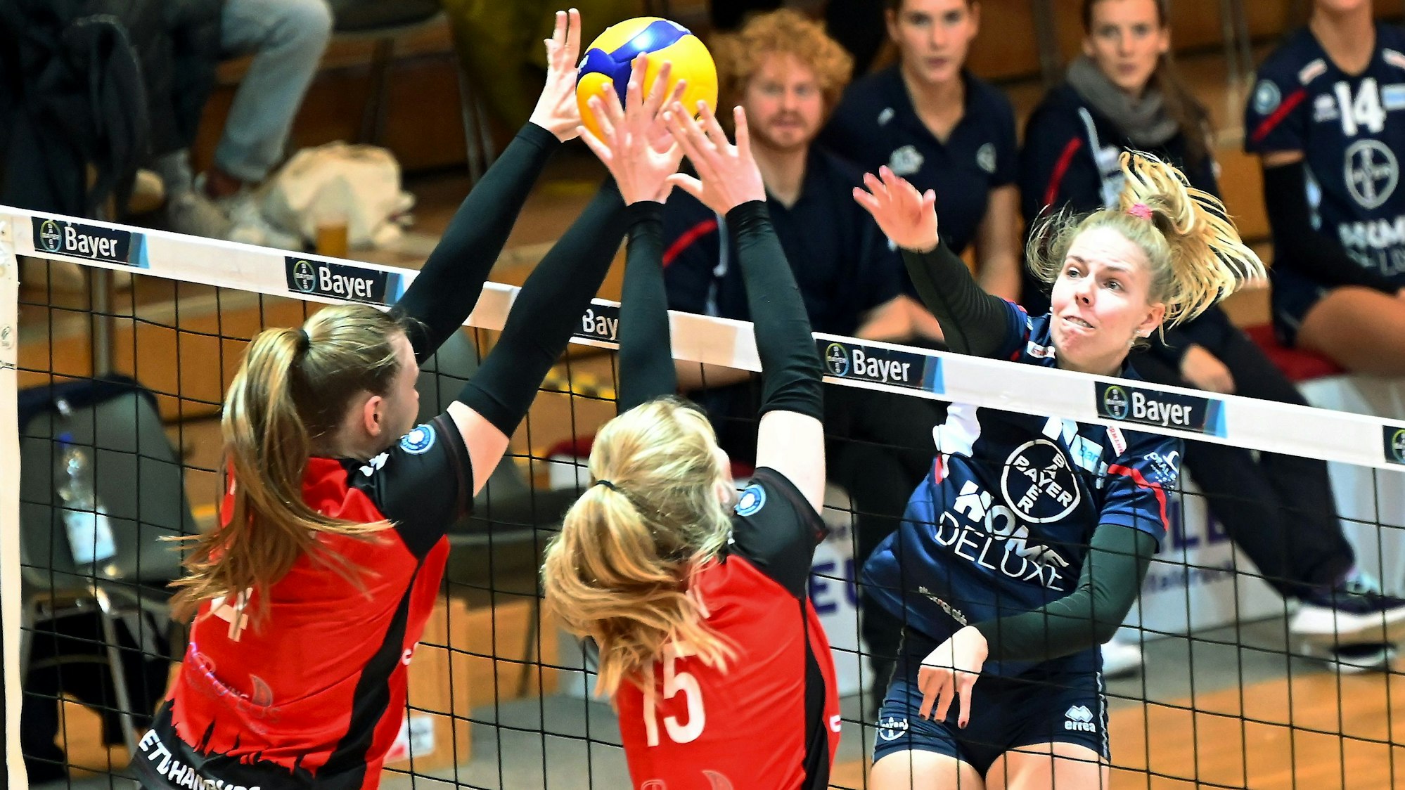 21.10.2023, Volleyball-Bayer Volleys - Hamburg
rechts: Charlotta Werscheck (Bayer)
Foto: Uli Herhaus