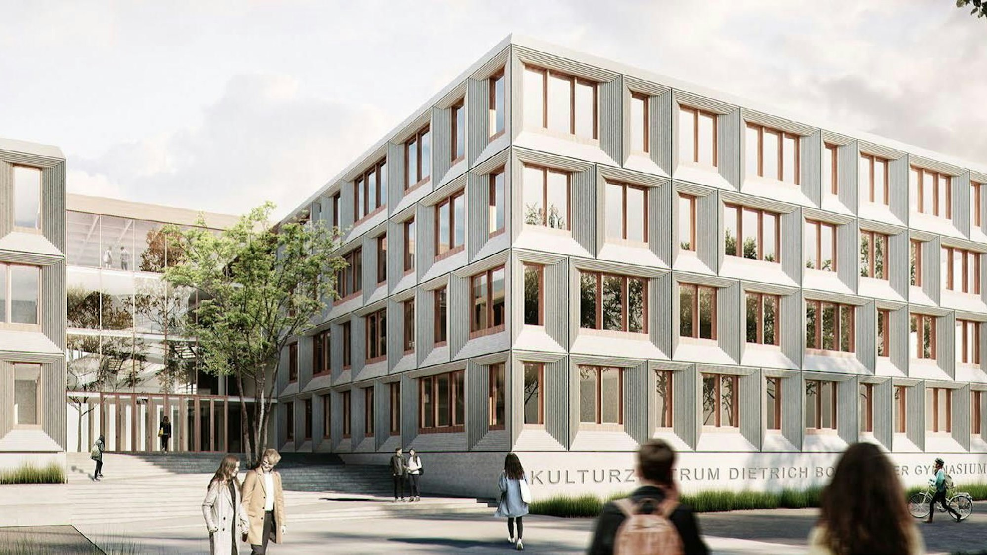 Visualisierung des optimierten Wettbewerbsentwurfs für einen Teilneubau des Dietrich-Bonhoeffer-Gymnasiums in Wiehl.