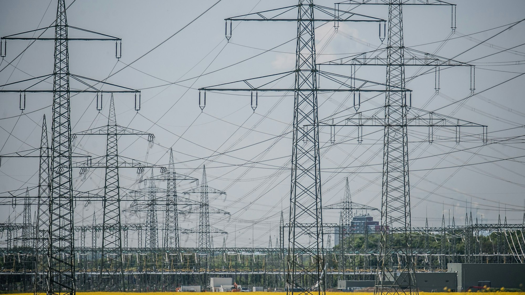 Opladen: Rapsfelder und Freileitungen. Stromtrasse
