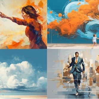 Illustration: Kombination aus vier Bildern: eine Frau, die ein Kind beschimpft, eine Frau und ein Kind vor abstraktem Hintergrund, eine Riesenwolke, die sich auf einen Strand zu bewegt, ein rennendes Paar