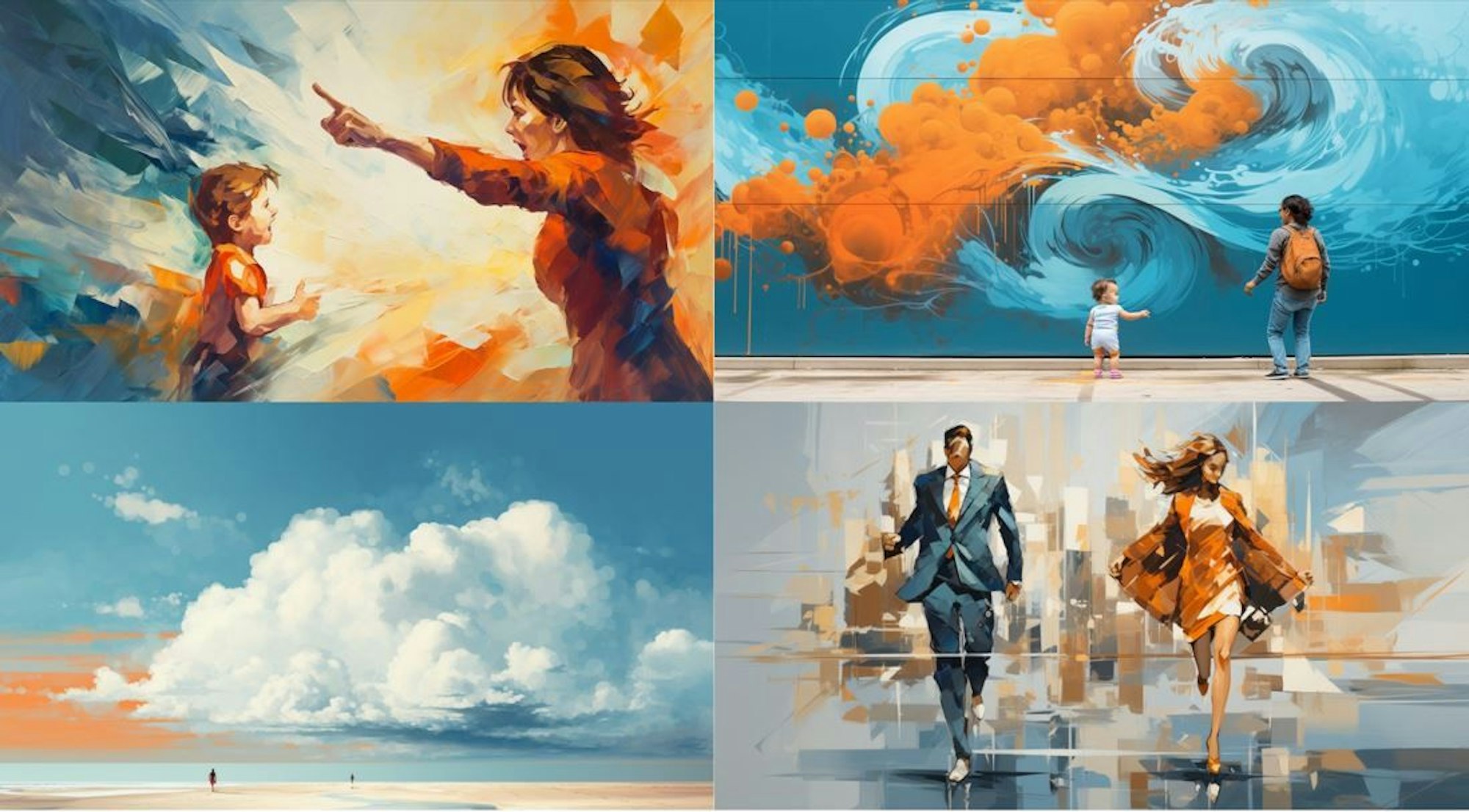 Illustration: Kombination aus vier Bildern: eine Frau, die ein Kind beschimpft, eine Frau und ein Kind vor abstraktem Hintergrund, eine Riesenwolke, die sich auf einen Strand zu bewegt, ein rennendes Paar