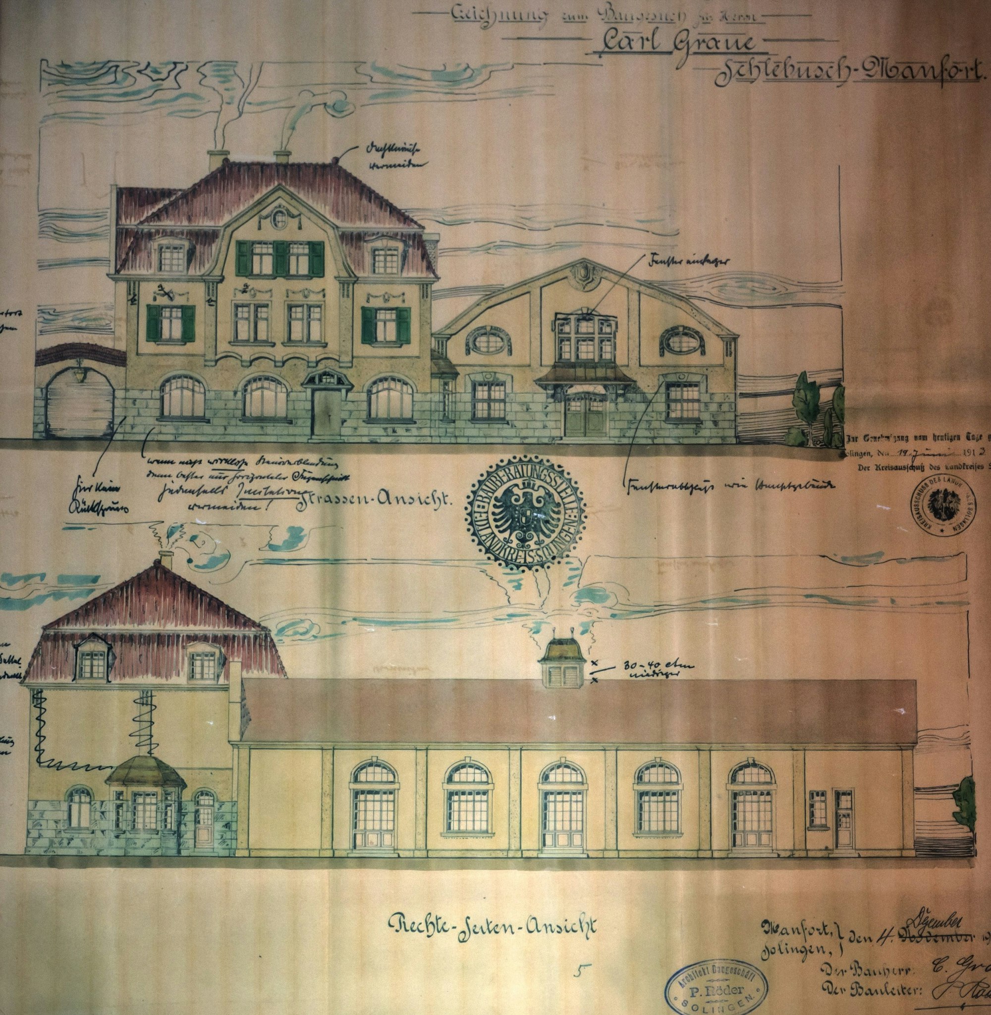 Eine Zeichnung des Manforter Hofs von 1911 mit Bemerkungen des Kreisbaumeisters.