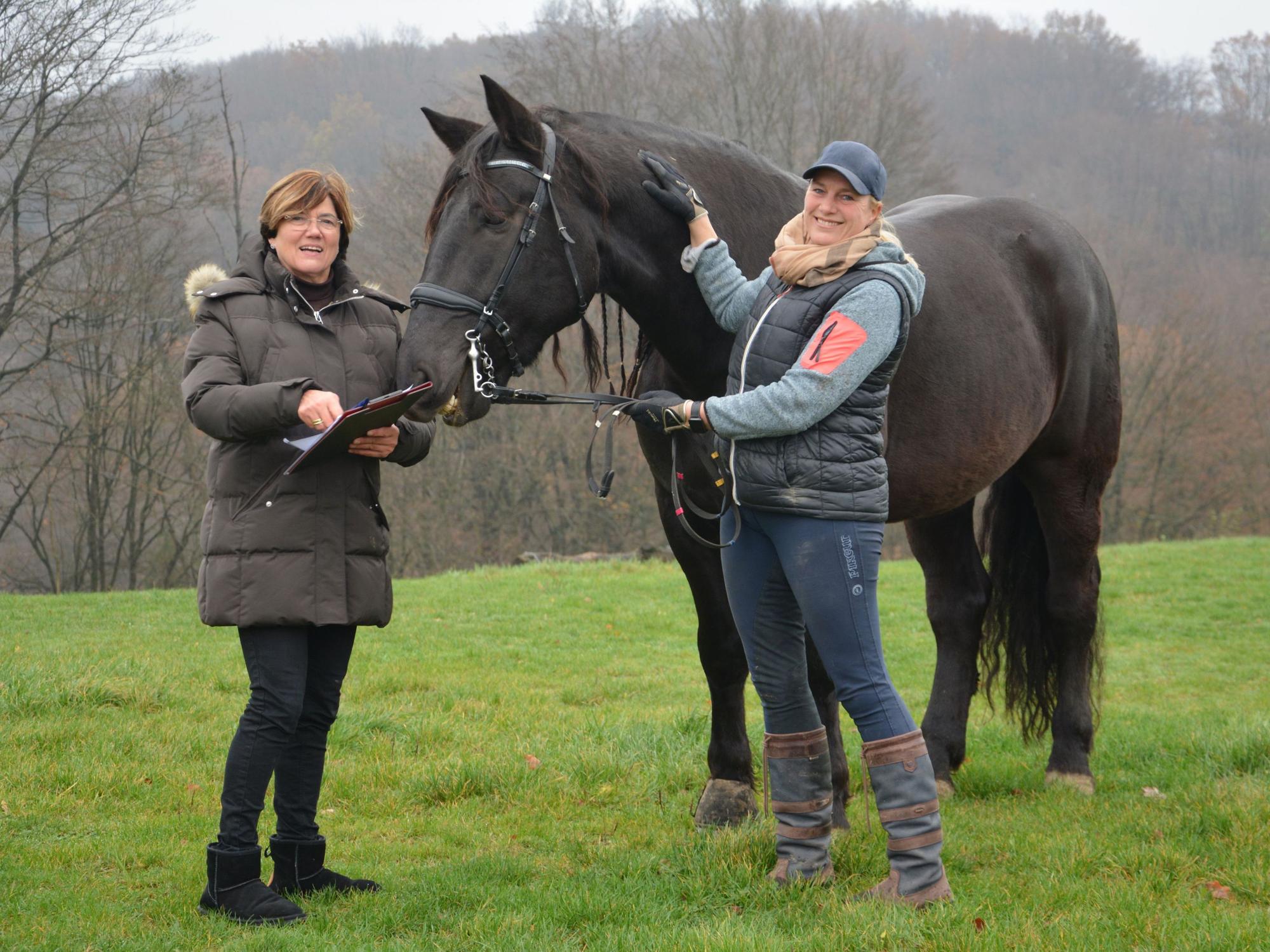 Zwei Frauen mit einem schwarzen Pferd