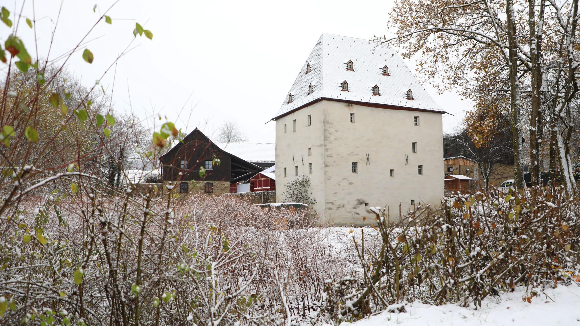 Schneebedeckte Burg und Bäume.
