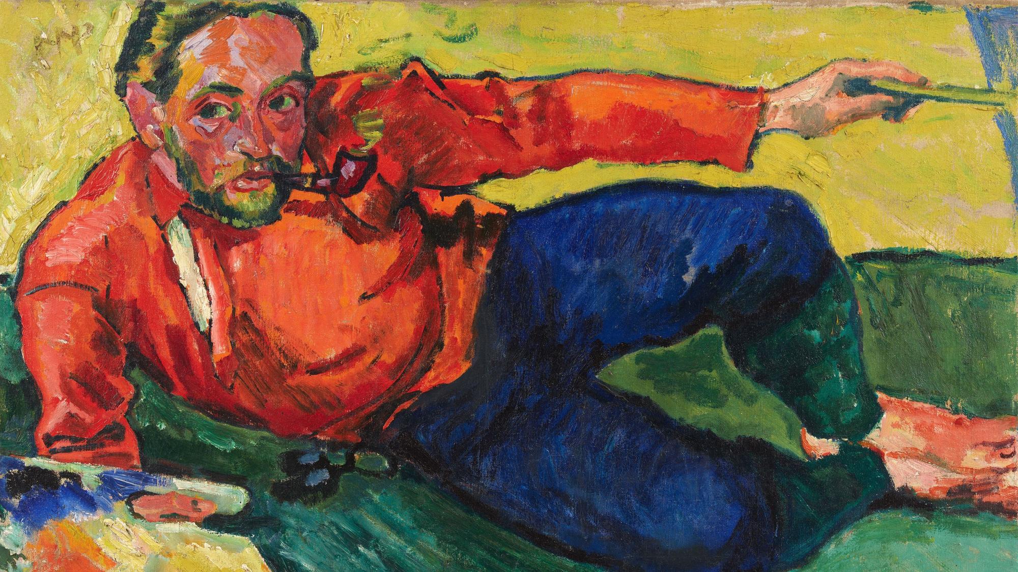 Der Maler Max Pechstein liegt auf der Seite und malt sich selbst.