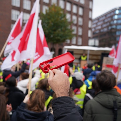 Streikteilnehmer protestieren mit Fahnen und Plakaten während einer Kundgebung der Gewerkschaft Verdi vor der Finanzbehörde.