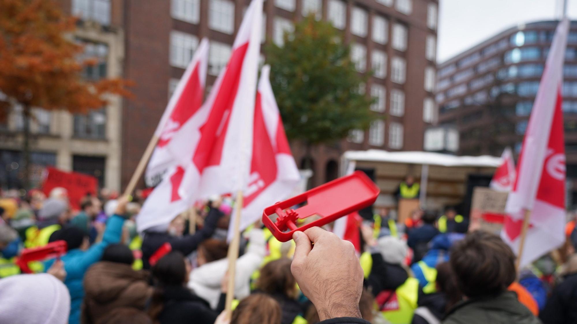 Streikteilnehmer protestieren mit Fahnen und Plakaten während einer Kundgebung der Gewerkschaft Verdi vor der Finanzbehörde.