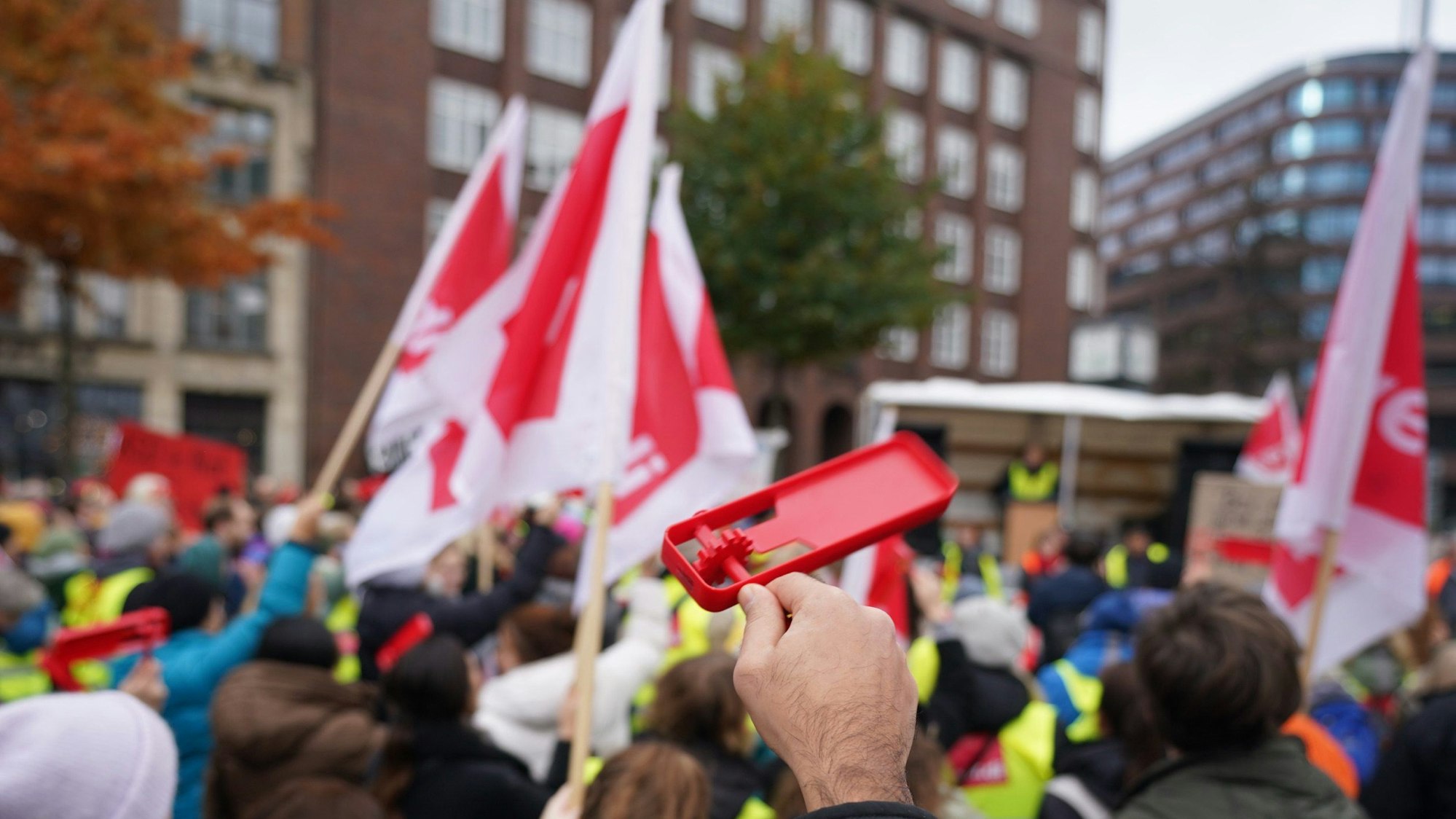 Streikteilnehmer protestieren mit Fahnen und Plakaten während einer Kundgebung der Gewerkschaft Verdi vor der Finanzbehörde.