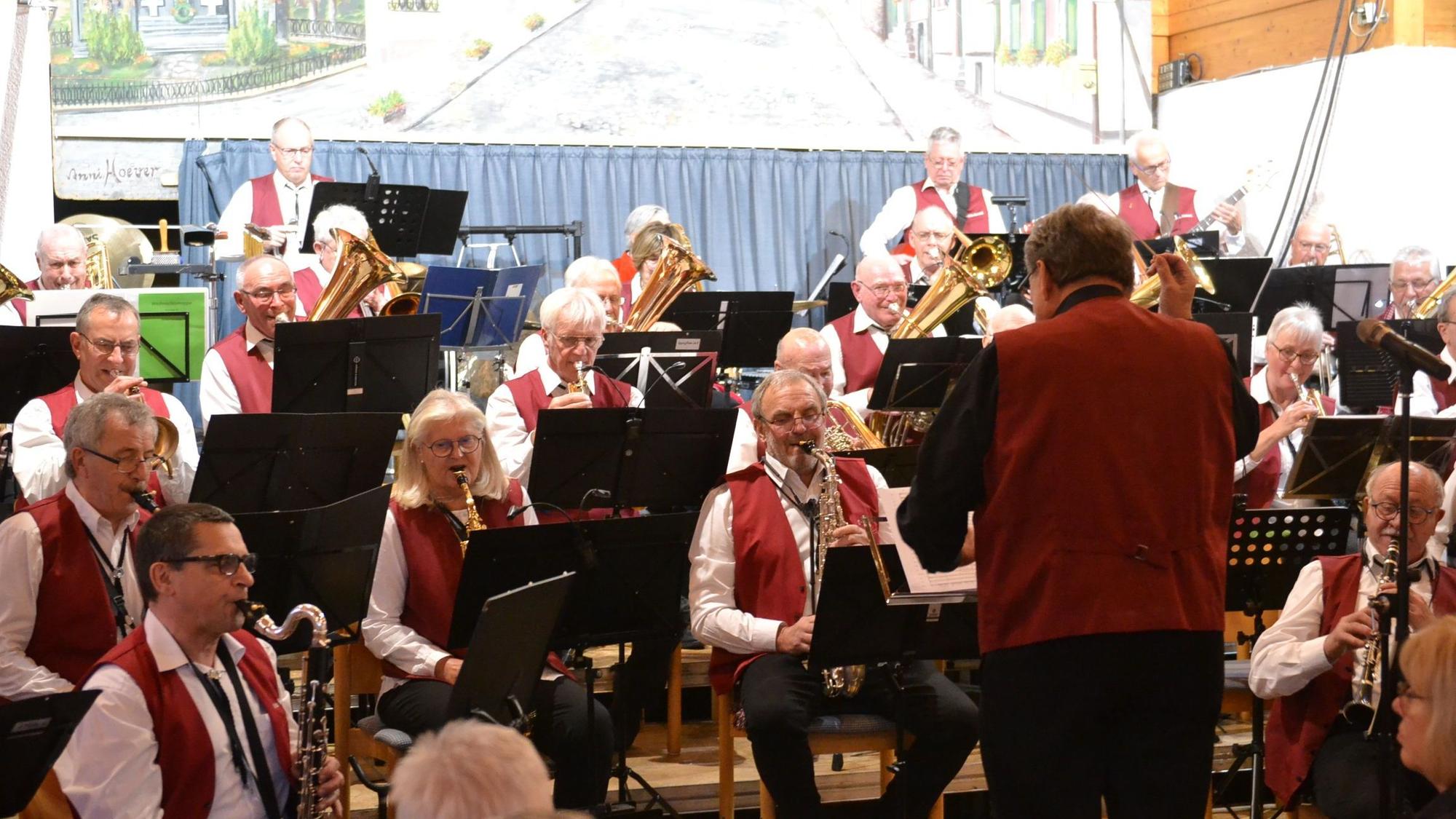 Das Bild zeigt die Musiker des „Ü50 in concert“-Blasorchesters beim Musizieren auf der Bühne.