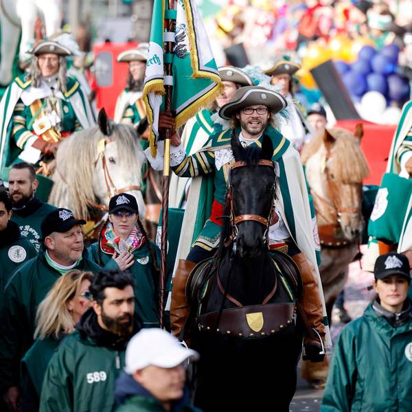 Pferde unterm Reiter beim Rosenmontagszug 2023.