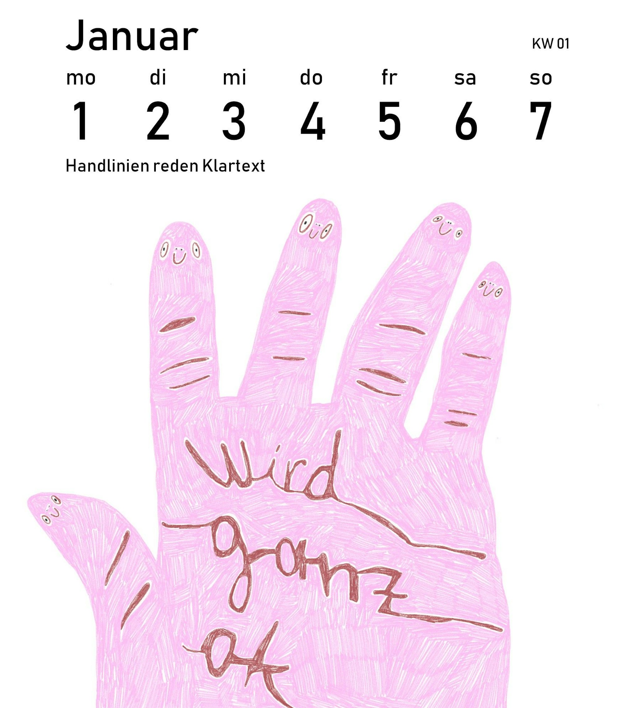 Zu sehen ist die Januar-Ansicht des Wochenkalenders der Kölner Sängerin Susi Bumms.