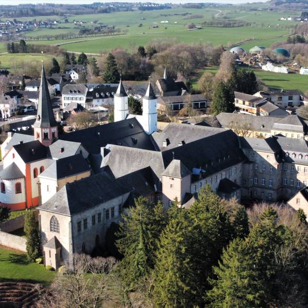 Das Luftbild zeigt das Gebäudeensemble des Klosters in Steinfeld. Im linken Bereich ist die Basilika mit ihren Türmen zu sehen.