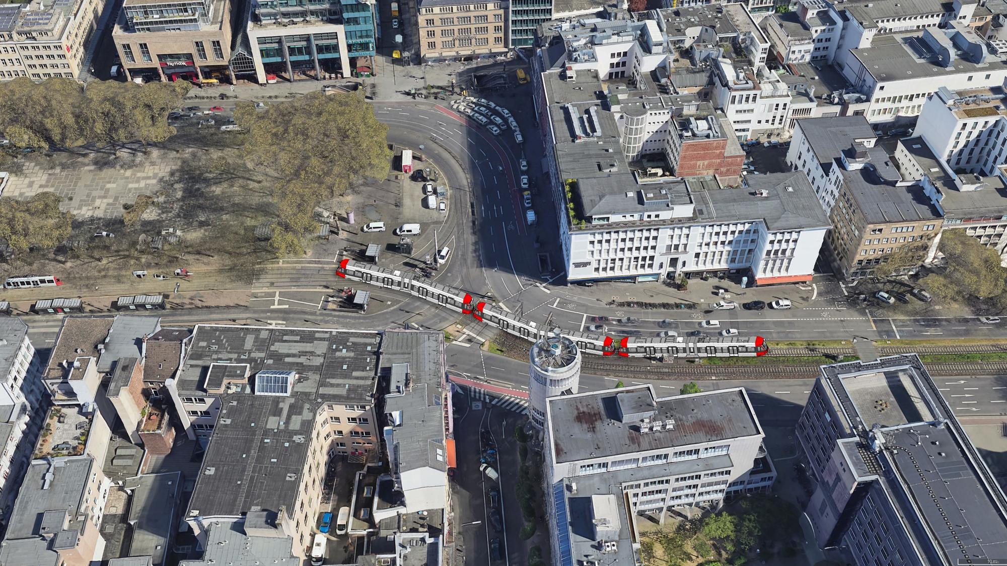 Die Visualisierung eines 90 Meter langen KVB-Zugs am Neumarkt