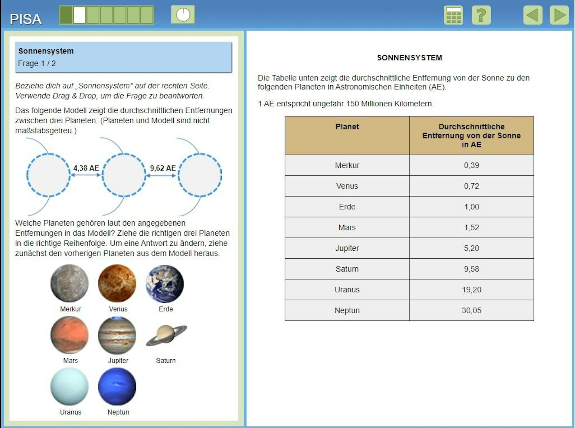 Pisa-Test 2022: Aufgabe 1 aus dem Block Planeten-System.