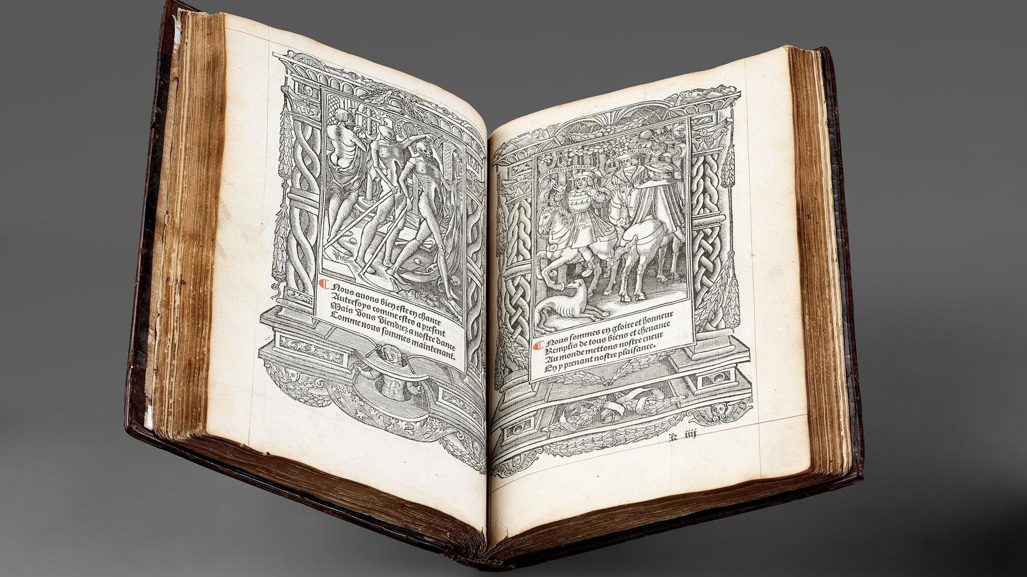Legende der drei Lebenden und der drei Toten, gedrucktes Stundenbuch, Druck: Paris, Yolande Bonhomme, 1525, Museum Schnütgen.