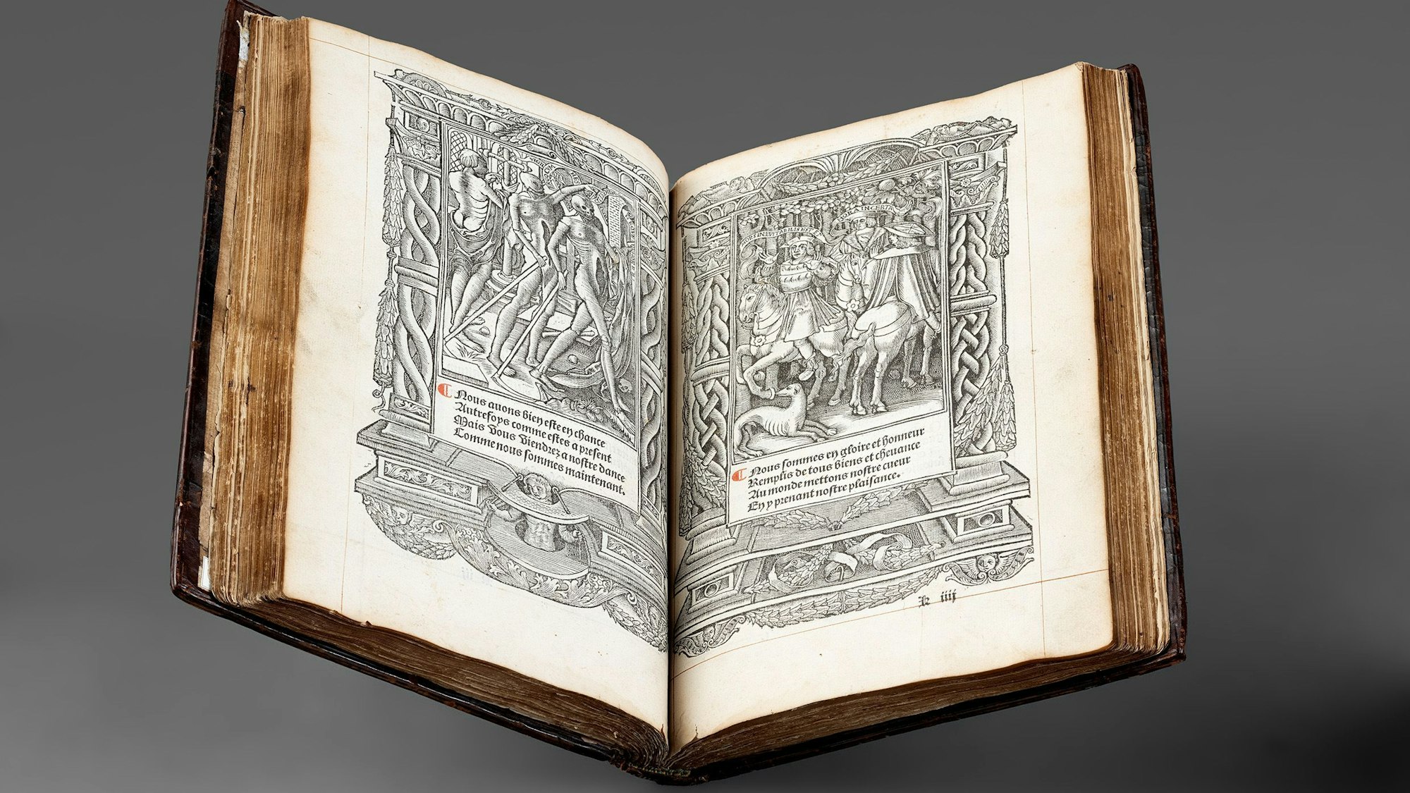 Legende der drei Lebenden und der drei Toten, gedrucktes Stundenbuch, Druck: Paris, Yolande Bonhomme, 1525, Museum Schnütgen.