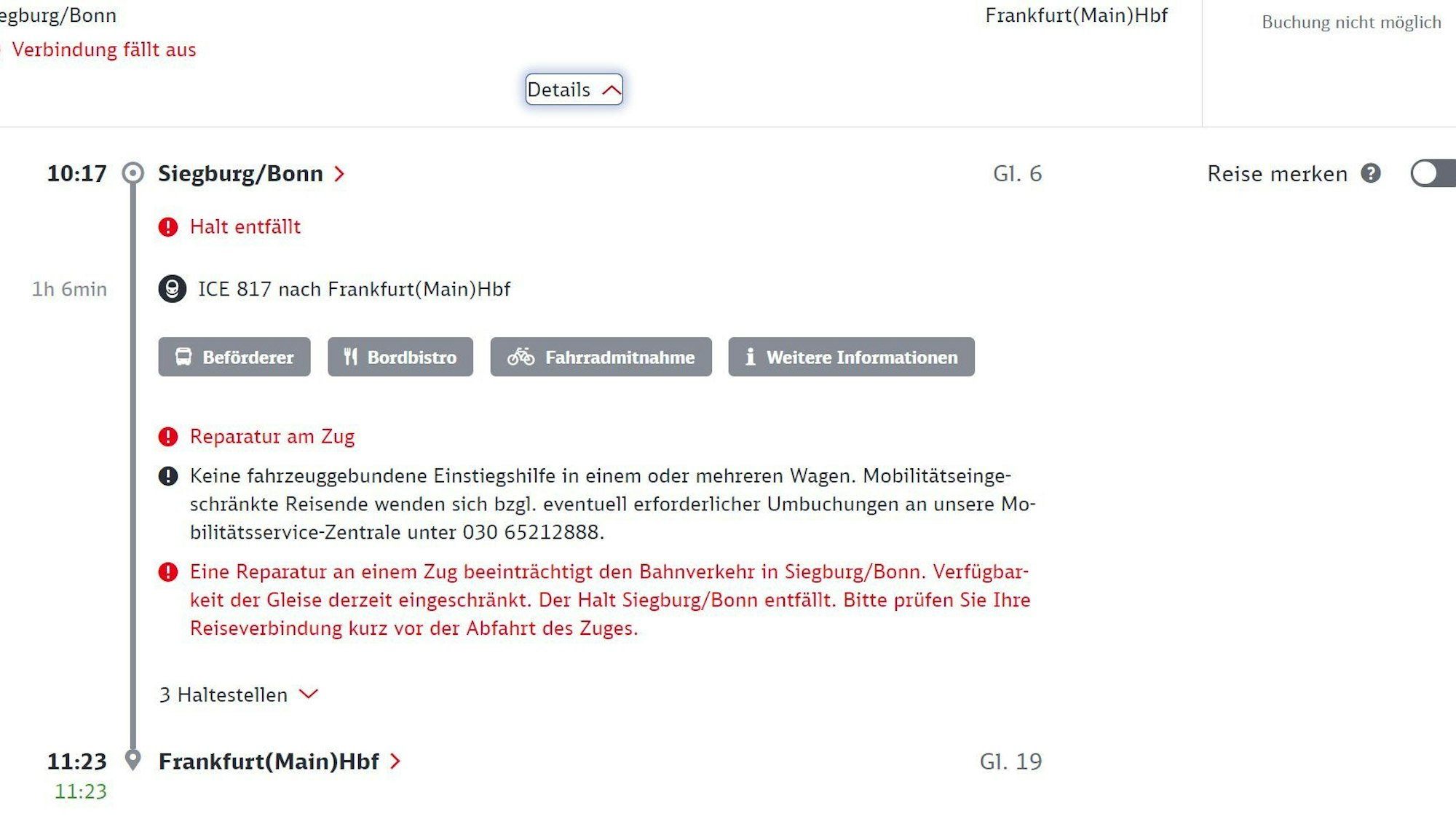 Bei der Reiseauskunft der Deutschen Bahn wird auf den Zugausfall am Siegburger ICE-Bahnhof hingewiesen.