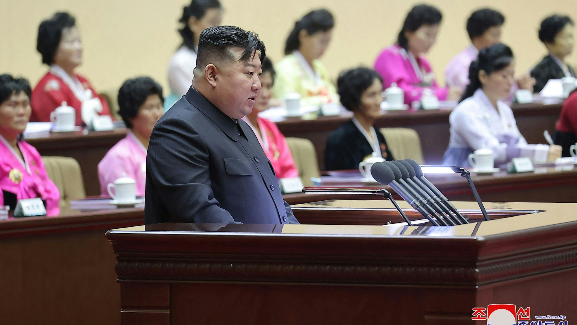 Nordkoreas Machthaber Kim Jong Un am Rednerpult.